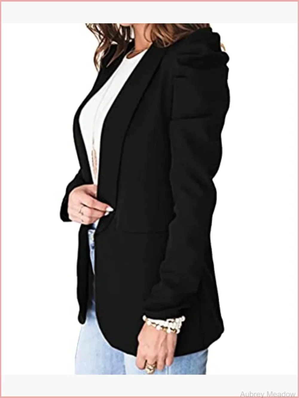 Puff Sleeve Shoulder Pad Slim Blazer Suit Casual Lapel Open Front Work Office
